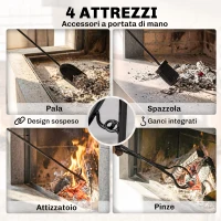 Outsunny Portalegna da Interno ed Esterno Rialzato a 2 Ripiani, Porta Legna da Ardere in Metallo con Supporti Rimovibili, Paletta, Scopa, Attizzatoio e Pinza, Capacità 70 kg, 44.5x29.5x73 cm, Nero(m-5)