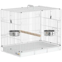 PawHut Bird Cage Foldable Portable Budgie Cage with Wooden Perch 2 Bowls for Travel 49 x 31 x 40 cm White(m-1)