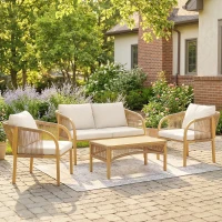 Outsunny Salon de Jardin Extérieur 4 Pièces avec Canapé 2 Fauteuils Table Coussins, Acier Résine Tressée, 120x72x73cm, Kaki(m-2)