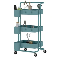 HOMCOM Carrito Auxiliar con Ruedas Carro de Almacenaje Multifuncional con Ganchos y Cajas Colgantes 42x38x86,5 cm Azul Verdoso(m-11)