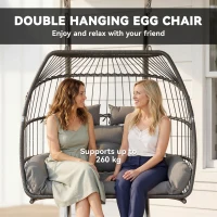 Outsunny Rattan Double Hanging Egg Chair with Stand, Foldable Wicker Swing Egg Chair with Cushion, Head Pillows, Steel Frame, Hammock Chair for Indoor Outdoor, Capacity 260 kg, Dark Grey(m-4)