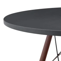 Table ronde 80 cm, idéale pour petits espaces, panier de rangement suspendu tressé, 80x80x71,5 cm, Noyer+Noir(m-7)