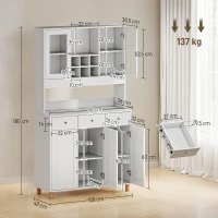 HOMCOM 180 cm keukenkast, 2 glazen deuren, 3 lades, 4 verstelbare planken, eetkamerkast, spaanplaat, Wit(m-3)