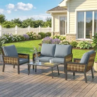 Outsunny 4 Seater Rattan Garden Furniture Set with 2 Armchairs, Loveseat, Coffee Table, Garden Sofa Set with Cushions, Grey(m-14)