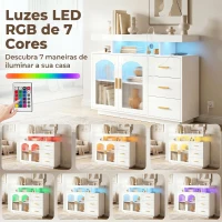 HOMCOM Aparador com LED RGB de 7 Cores, Tomadas, Portas USB, 3 Gavetas, Prateleiras Abertas, 2 Portas, Branco Brilhante, 100x35x80 cm(m-6)