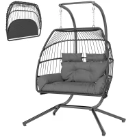 Outsunny Rattan Double Hanging Egg Chair with Stand, Foldable Wicker Swing Egg Chair with Cushion, Head Pillows, Steel Frame, Hammock Chair for Indoor Outdoor, Capacity 260 kg, Dark Grey(m-15)