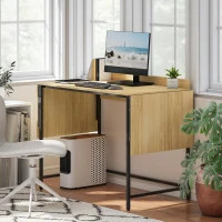 HOMCOM Inklapbare computertafel met 2 uitklapbladen, veel ruimte voor monitoren, metalen poten, stevige constructie, eikenlook + zwart(m-8)
