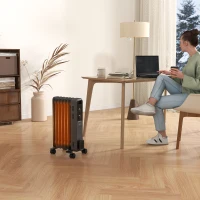 HOMCOM 1500W Oil Filled Radiator, Portable Electric Heater with 3 Heat Settings, Safety Cut-Off and Wheels, Grey(m-9)
