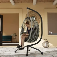 Outsunny Outdoor Swing Chair with Thick Padded Cushion, Patio Hanging Egg Chair with Metal Stand, Foldable Basket, Cup Holder, Rope Structure for Indoor & Outdoor, Dark Grey(m-10)