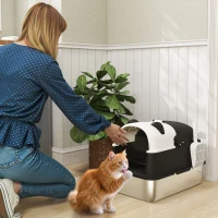 PawHut Arenero para Gatos Grandes Cubierto XL de Acero Inoxidable con Tapa Abatible Pala Bolsa Desodorante Diseño Panda Negro(m-2)