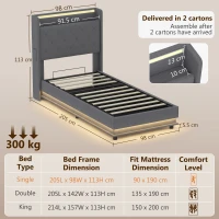 HOMCOM 3ft Single Bed Frame with Headboard, Platform Bed Frame with Hydraulic Storage, LED Lights and Charging Station, Grey(m-3)