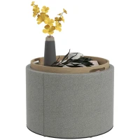 HOMCOM Ronde Opbergpoef met bekleding, linnen, verborgen opbergruimte, omkeerbare deksel, 56 cm x 56 cm x 42 cm, Grijs + Natuurlijk(m-10)