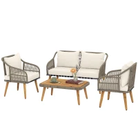 Outsunny 4 Piece Rattan Garden Furniture Set with Loveseat, Armchairs, Wood Table, Wicker Patio Conversation Set, Cream White(m-15)