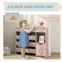 AIYAPLAY Raft pentru Jucării pentru Copii din Lemn, cu 9 Cutii Detașabile și Dulăpior, Roz, 92x30x80 cm(m-6)