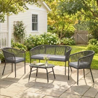 Outsunny 4 Piece Garden Furniture Set, Rope Garden Sofa Set with 1 Loveseat 2 Chairs Tempered Glass Table Cushions, Dark Grey(m-14)