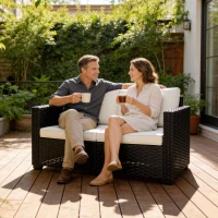 Outsunny 2 Seater Rattan Sofa, Outdoor Garden Sofa with Deep Seat, Cushions, Wide Armrests for Patio, Balcony, Porch, Black(m-10)