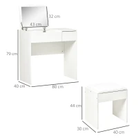 HOMCOM Make-uptafel met kruk toilettafel kaptafel inklapbare spiegel wit(m-3)