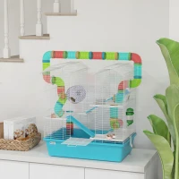 PawHut 4 Tier Hamster Cage w/ Tubes, Exercise Wheel, Hut, Water Bottle, Food Dish, Ramps, for Dwarf Hamster, Light Blue(m-10)