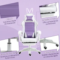 Vinsetto Sedia Gaming con Orecchie da Coniglio, Poggiapiedi, Cuscini, Reclinabile e Altezza Regolabile, Viola(m-8)