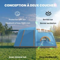 Outsunny Tente de camping familiale 4 personnes, tente tunnel , portes + fenêtres, 4,3 x 3 x 1,95 m, bleu(m-4)