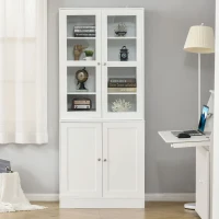 HOMCOM Modern Bookcase with Glass Doors, Display Storage Cabinet with Adjustable Shelves for Living Room, Study, Home Office, Kitchen Cupboard with Small Open Counter, White(m-8)