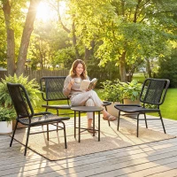 Outsunny Set Mobilier Grădină Ratan 4 Piese, Canapea pentru Exterior cu Măsuță Metalică, Negru(m-2)