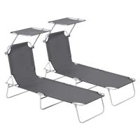Outsunny 2 Pieces Outdoor Foldable Sun Lounger, 4 Level Adjustable Backrest Reclining Sun Lounger Chair with Angle Adjust Sun Shade Awning for Beach, Garden, Patio, Dark Grey(m-1)