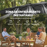 Outsunny Sombrilla Doble de Jardín 4x2 m con 36 Luces LED UPF50+ Manivela 12 Varillas  Resistente al Agua Gris Oscuro(m-6)