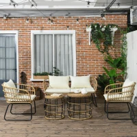 Outsunny Lounge-Set Rattan Zitgroep, Buitenmeubelset in Boho-stijl, 5-delig, 145 x 70 x 78 cm, Crème + Natuur + Zwart(m-2)