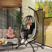 Outsunny Outdoor Swing Chair with Thick Padded Cushion, Patio Hanging Egg Chair with Metal Stand, Foldable Basket, Cup Holder, Rope Structure for Indoor & Outdoor, Dark Grey(m-2)