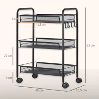 HOMCOM Carrinho de Cozinha em Aço com 3 Cestos e Rodas, Suporta 9 kg, Cozinha, Casa de Banho e Lavandaria 45x26,5x63 cm,  Preto(m-3)