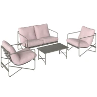 Outsunny Conjunto de Jardim de 4 Peças com Sofá de 2 Lugares 2 Poltronas Mesa de Vidro Temperado e Almofadas Grossas para Terraço Rosa(m-1)