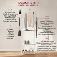 HOMCOM Cuier cu suport pentru pantofi pe 2 niveluri, bară pentru haine, 4 cârlige, raft superior, 52x30x180 cm, alb(m-4)