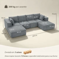 HOMCOM Sofá Seccional em Forma de U Sofá Modular com 2 Otomanos 2 Almofadas Braços Largos Sem Montagem Cinzento(m-3)