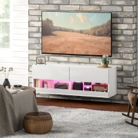 HOMCOM Hangende TV-kast met LED-verlichting, 16 knippermodi, Wandgemonteerd tv-meubel, Open schappen, 120 x 35 x 40,5 cm, Wit(m-9)
