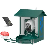 PawHut Mangeoire à Oiseaux avec Caméra 2K Solaire 2,5L 142°, Identification IA 16000+, App, IP65, SD 32 Go, 30x34,5x26,3cm Vert(m-1)