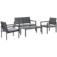 Outsunny Conjunto de Muebles de Jardín 4 Piezas Mesa de Centro Banco de 2 Plazas y 2 Sillas con Cojines Desenfundables y Marco de Metal HDPE para Terraza Exterior 113x65x78 cm Gris(m-11)