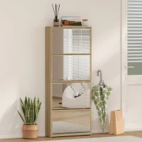 HOMCOM Sapateira Estreita com Espelho 4 Portas Abatíveis para 12 Pares de Sapatos para Espaços Reduzidos 63x17x146 cm Madeira(m-10)