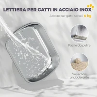 PawHut Lettiera Gatto Chiusa in Acciaio Inox con Coperchio Ribaltabile, Doppia Porta, Paletta, Grigio Chiaro(m-4)