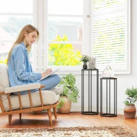 Outsunny Lot de 2 supports pour plantes, tabouret à fleurs hexagonal en métal, intérieur et extérieur, noir(m-8)