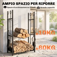 Outsunny Portalegna da Interno ed Esterno Rialzato a 2 Ripiani, Porta Legna da Ardere in Metallo con Supporti Rimovibili, Paletta, Scopa, Attizzatoio e Pinza, Capacità 70 kg, 44.5x29.5x73 cm, Nero(m-4)