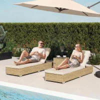 Outsunny Rattan Sun Loungers Set of 2 with Side Table, Garden Recliner Sunbeds with Adjustable Back, Cushions, Beige(m-10)