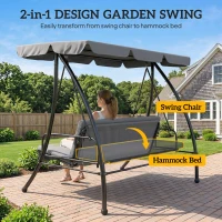 Outsunny Outdoor 2-in-1 Swing Chair Lounger 3 Seater Garden Swing Seat Bed Convertible Tilt Canopy W/ Cushion, Light Grey(m-4)