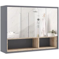 HOMCOM Dulap Baie cu Oglindă, 3 Uși, 8 Compartimente și Uși cu Amortizare, 80x20x60 cm, Gri(m-1)
