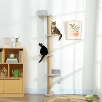PawHut Étagères Murales pour Chat 180 cm, 4 Plateformes d'Escalade, Poteau à Griffer en Jute et Jouet Suspendu, Gris Clair(m-10)