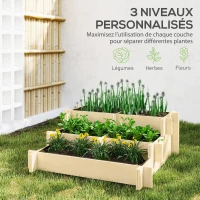 Outsunny Carré Potager de jardin en Bois massif, Jardinière Surélevé en Escalier 3 Niveaux, 93 x 93 x 35 cm, effet Bois Naturel(m-4)