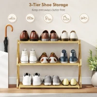 HOMCOM Three-Tier Folding Bamboo Shoe Rack - Natural Finish(m-6)