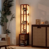HOMCOM Floor Lamp with Shelves, LED Column Modern Standing Lamp with Fabric Drawer, Adjustable Brightness, Foot Switch for Living Room, Bedroom, Office, Dark Brown(m-10)