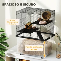 PawHut Gabbia per Criceti 3 Piani con Ruote, 2 Piattaforme, Rampe, Ciotola e Bottiglia, 58x43x74 cm, Nero(m-4)