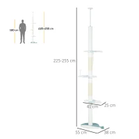 PawHut Albero Tiragraffi per Gatti a Soffitto con Palo Regolabile da 225-255 cm, Pallina e Piattaforme, Bianco(m-3)